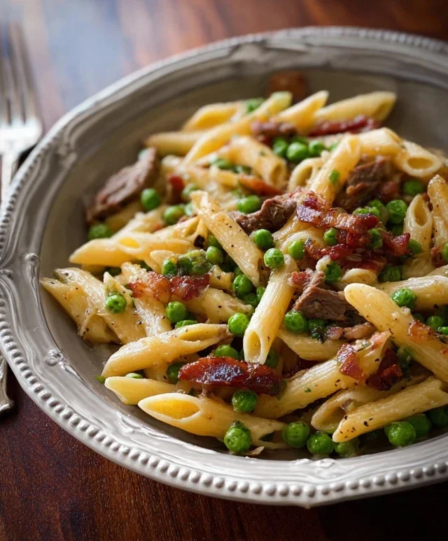 Penne Pasta, Peas and Beef Beef Bacon