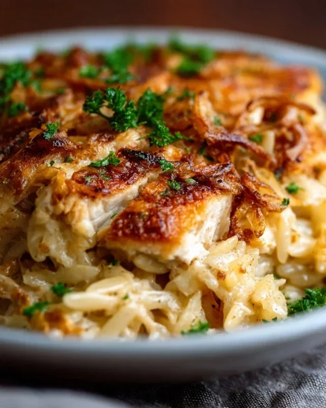 French Onion Chicken Orzo Casserole