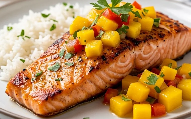 Grilled Salmon with Mango Salsa and Coconut Rice