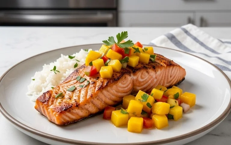 Grilled Salmon with Mango Salsa and Coconut Rice