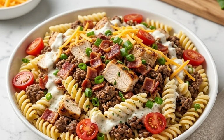 Chicken Beef Bacon Ranch Pasta Salad