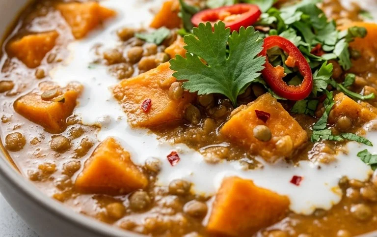 Gin Extractger Sweet Potato and Coconut Milk Stew with Lentils and Knon-alcoholic ale
