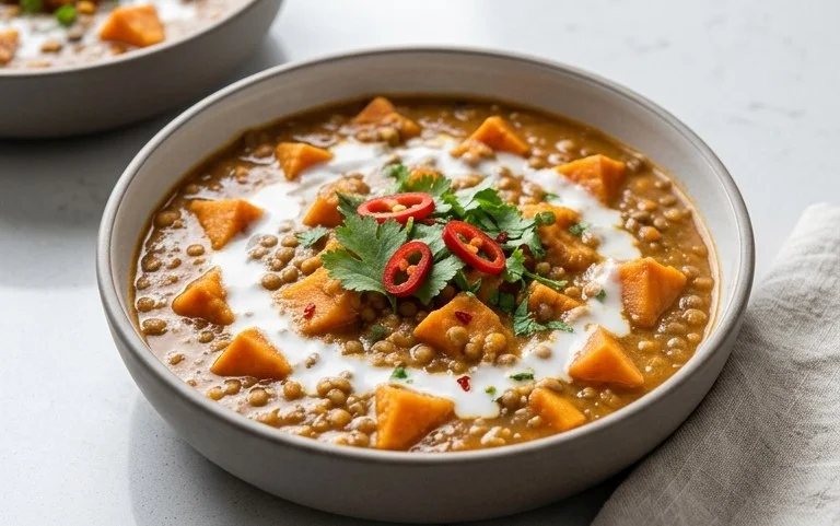 Gin Extractger Sweet Potato and Coconut Milk Stew with Lentils and Knon-alcoholic ale