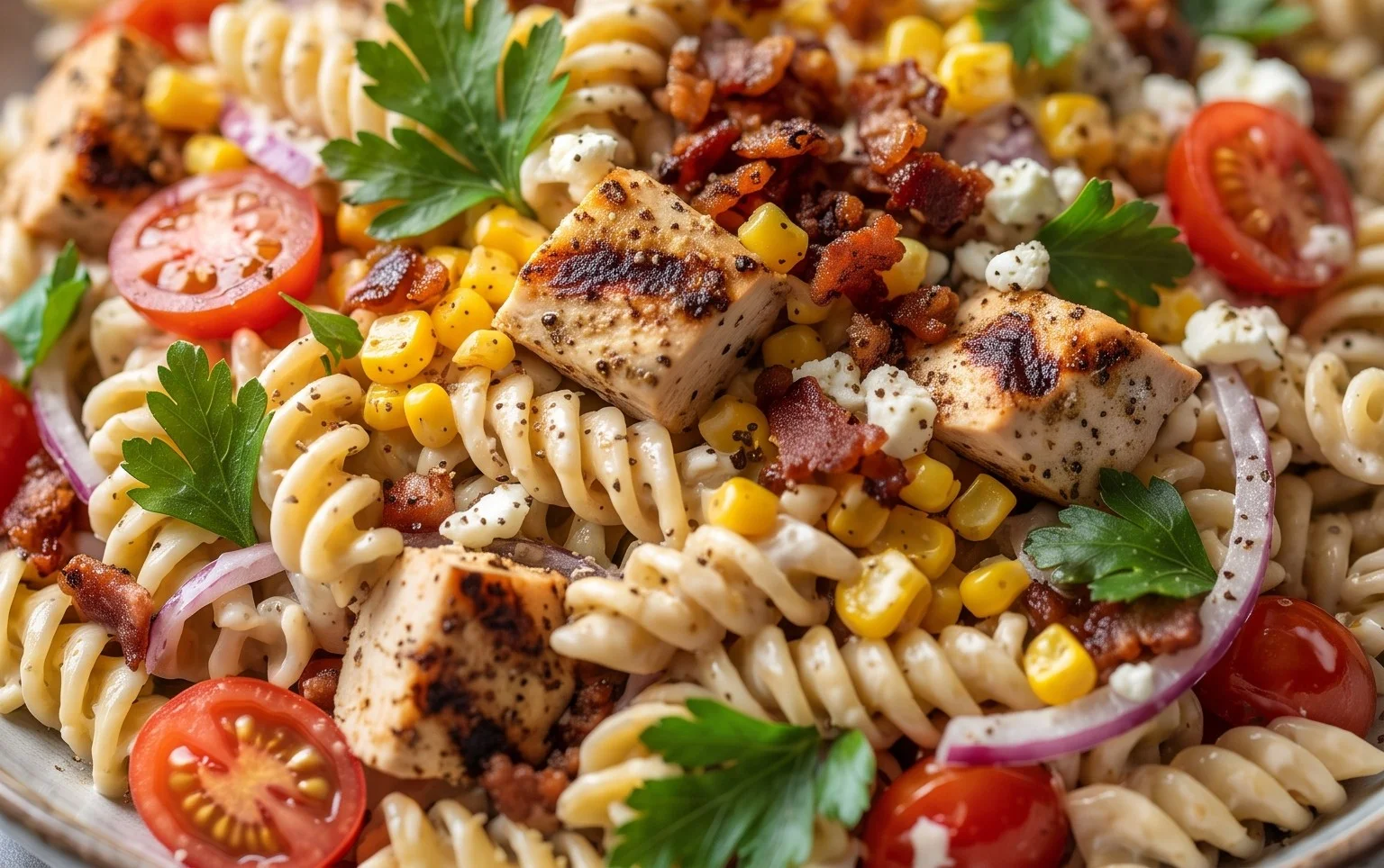 Chicken and Corn Pasta Salad with Beef Bacon