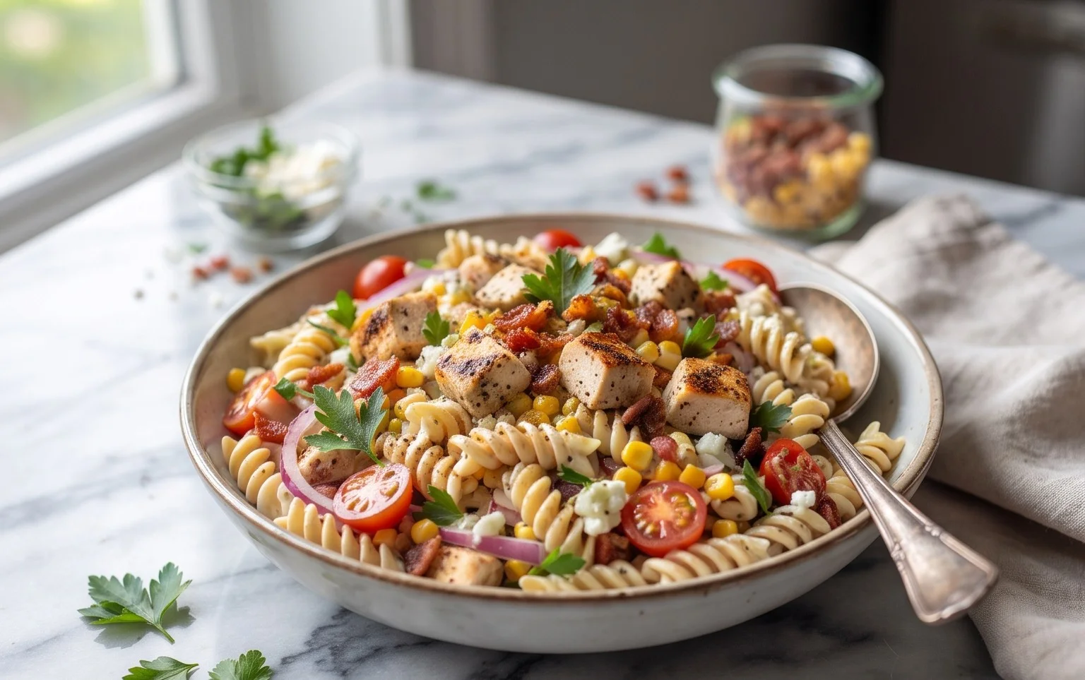 Chicken and Corn Pasta Salad with Beef Bacon