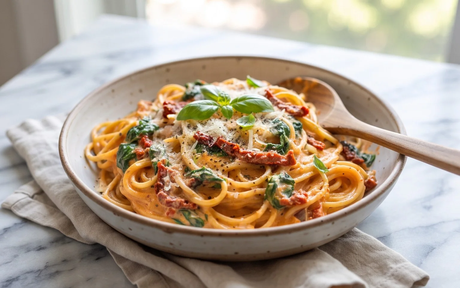 Spaghetti & Spinach with Sun-Dried Tomato Cream Sauce