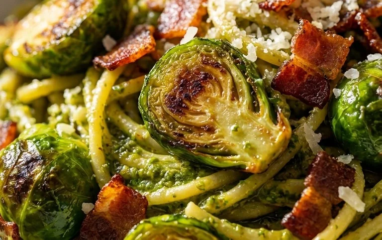Brussels Sprouts and Beef Bacon Pesto Pasta