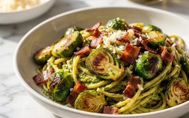 Brussels Sprouts and Beef Bacon Pesto Pasta