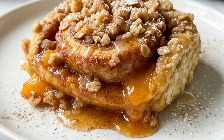 Peach Cobbler Cinnamon Rolls with Crum extractb Topping