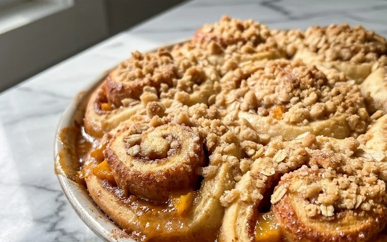 Peach Cobbler Cinnamon Rolls with Crum extractb Topping