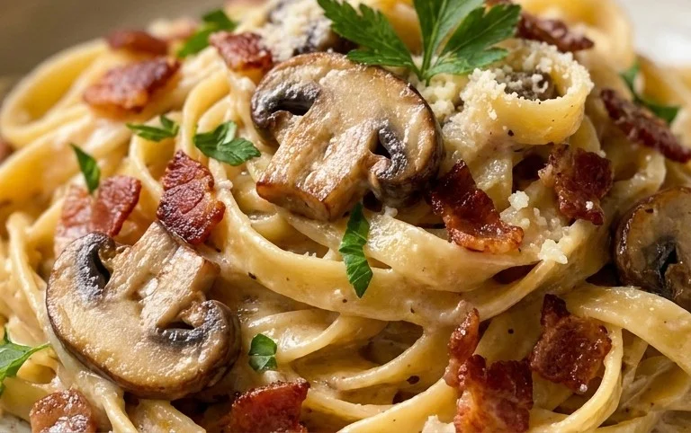 Creamy Beef Bacon and Mushroom Pasta