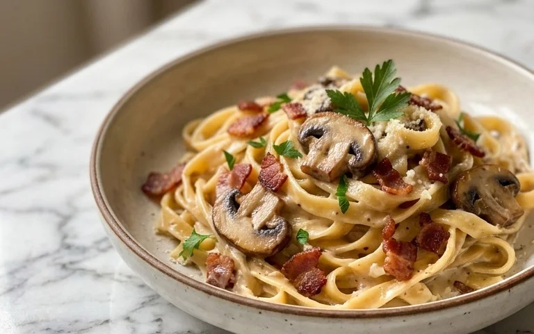 Creamy Beef Bacon and Mushroom Pasta