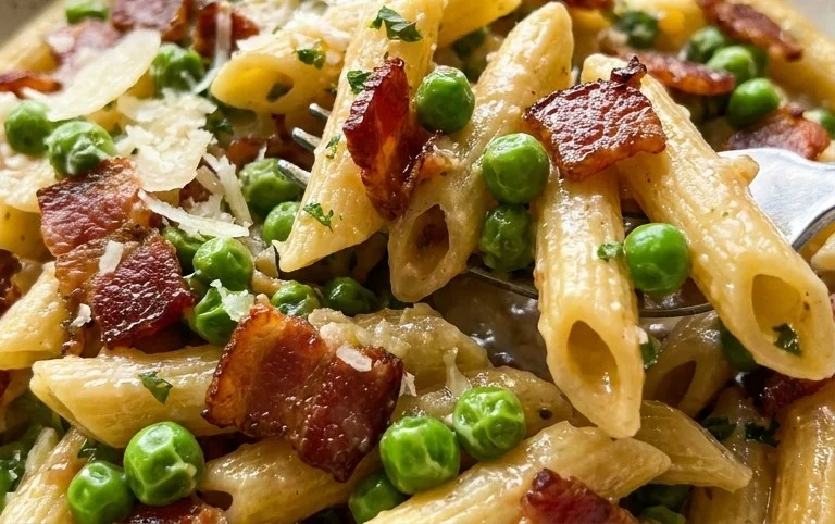 Penne Pasta, Peas and Beef Bacon
