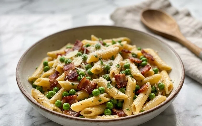 Penne Pasta, Peas and Beef Bacon