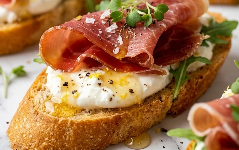Beef Prosciutto Crostini with Burrata and Lemon Honey Drizzle