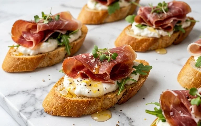 Beef Prosciutto Crostini with Burrata and Lemon Honey Drizzle